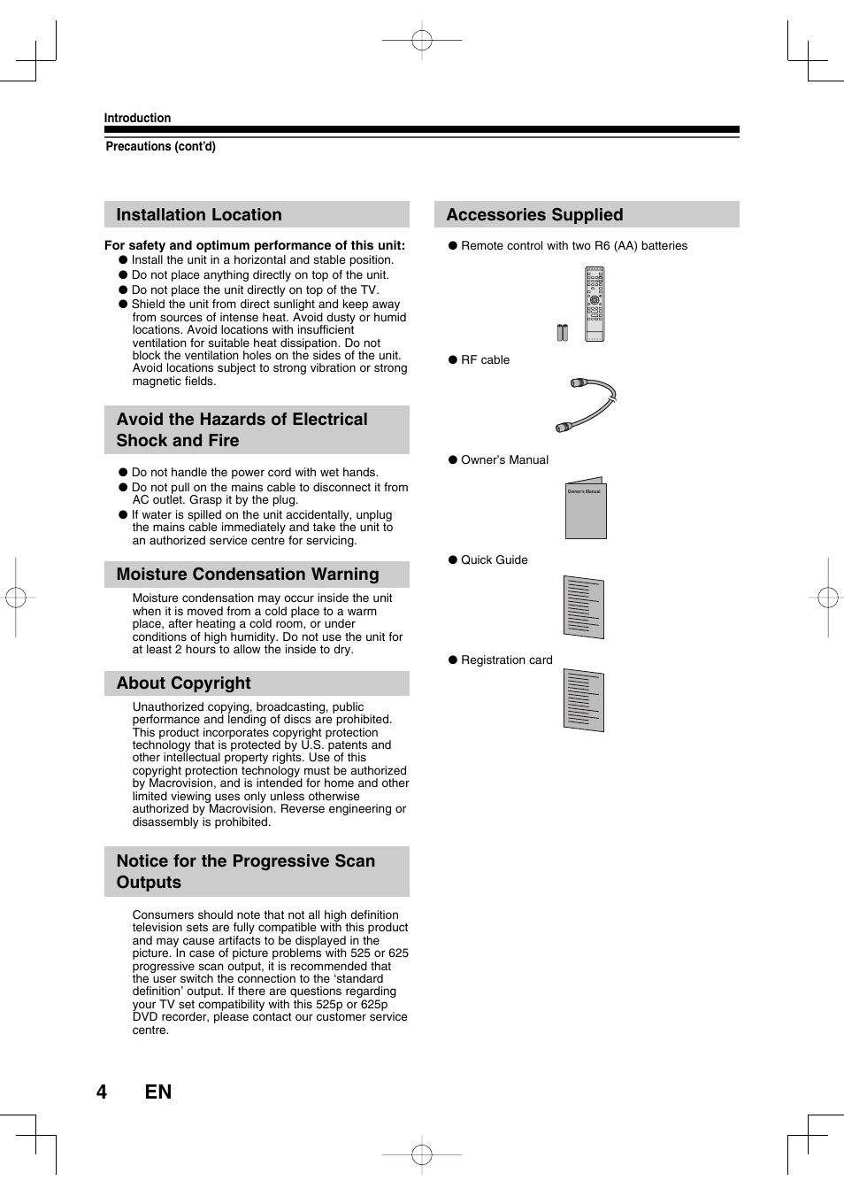 Installation location, Avoid the hazards of electrical shock and fire, Moisture condensation warning | About copyright, Notice for the progressive scan outputs, Accessories supplied | Toshiba D-R160SB User Manual | Page 4 / 67