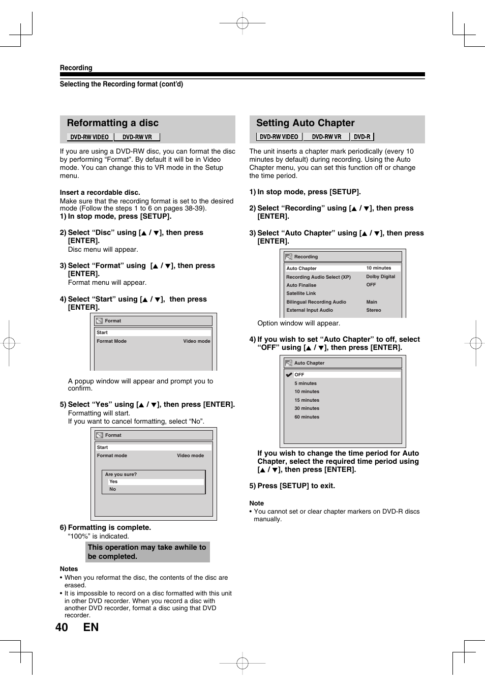 40 en, Reformatting a disc setting auto chapter | Toshiba D-R160SB User Manual | Page 40 / 67