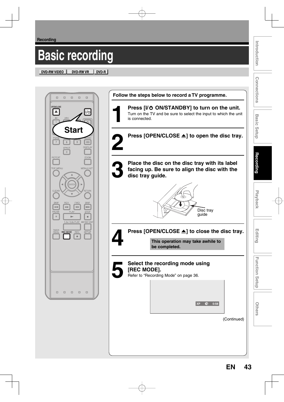 Basic recording | Toshiba D-R160SB User Manual | Page 43 / 67