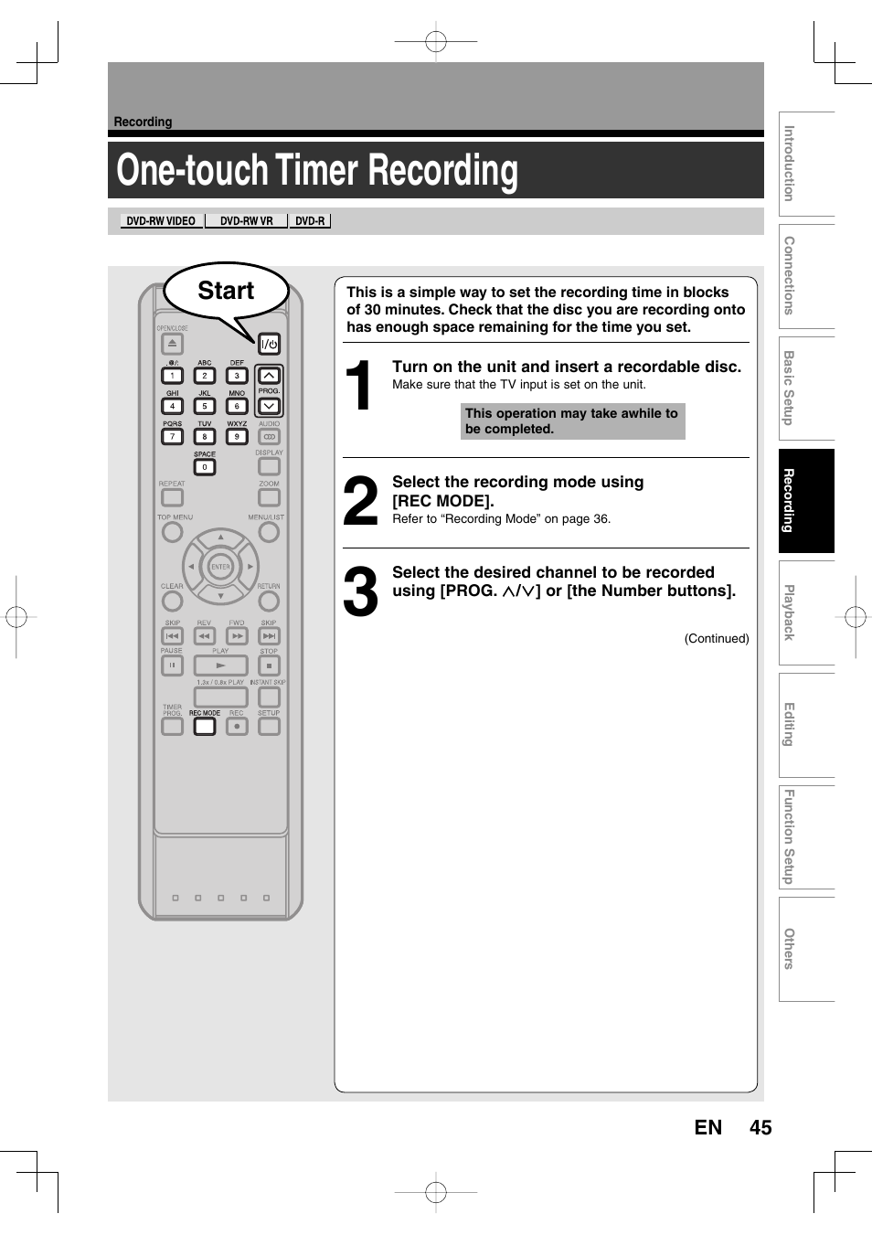 One-touch timer recording | Toshiba D-R160SB User Manual | Page 45 / 67