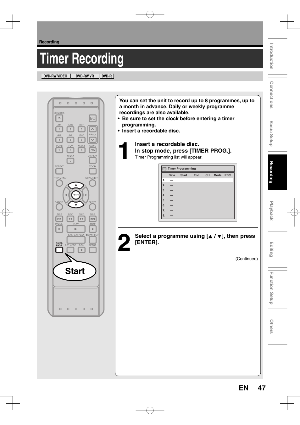 Timer recording, Start, 47 en | Toshiba D-R160SB User Manual | Page 47 / 67