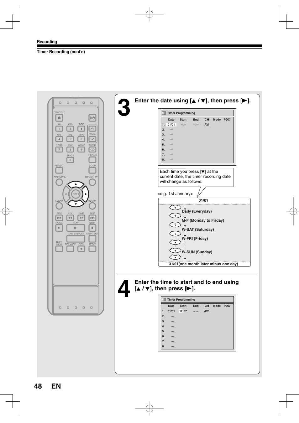 48 en, Enter the date using [ k / l ], then press [ b | Toshiba D-R160SB User Manual | Page 48 / 67