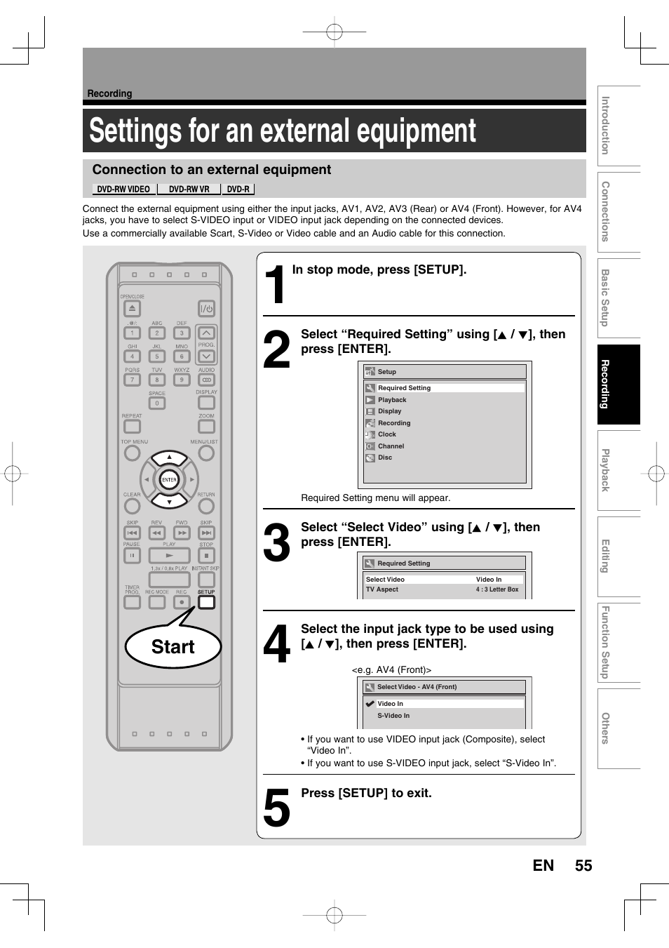 Settings for an external equipment, Start | Toshiba D-R160SB User Manual | Page 55 / 67