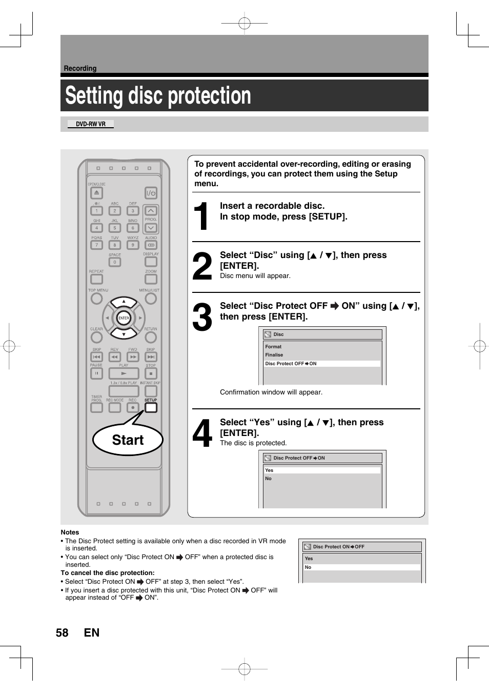 Setting disc protection, Start | Toshiba D-R160SB User Manual | Page 58 / 67