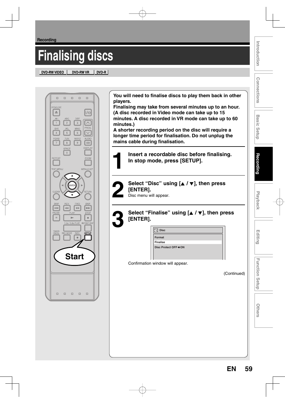Finalising discs, Start | Toshiba D-R160SB User Manual | Page 59 / 67