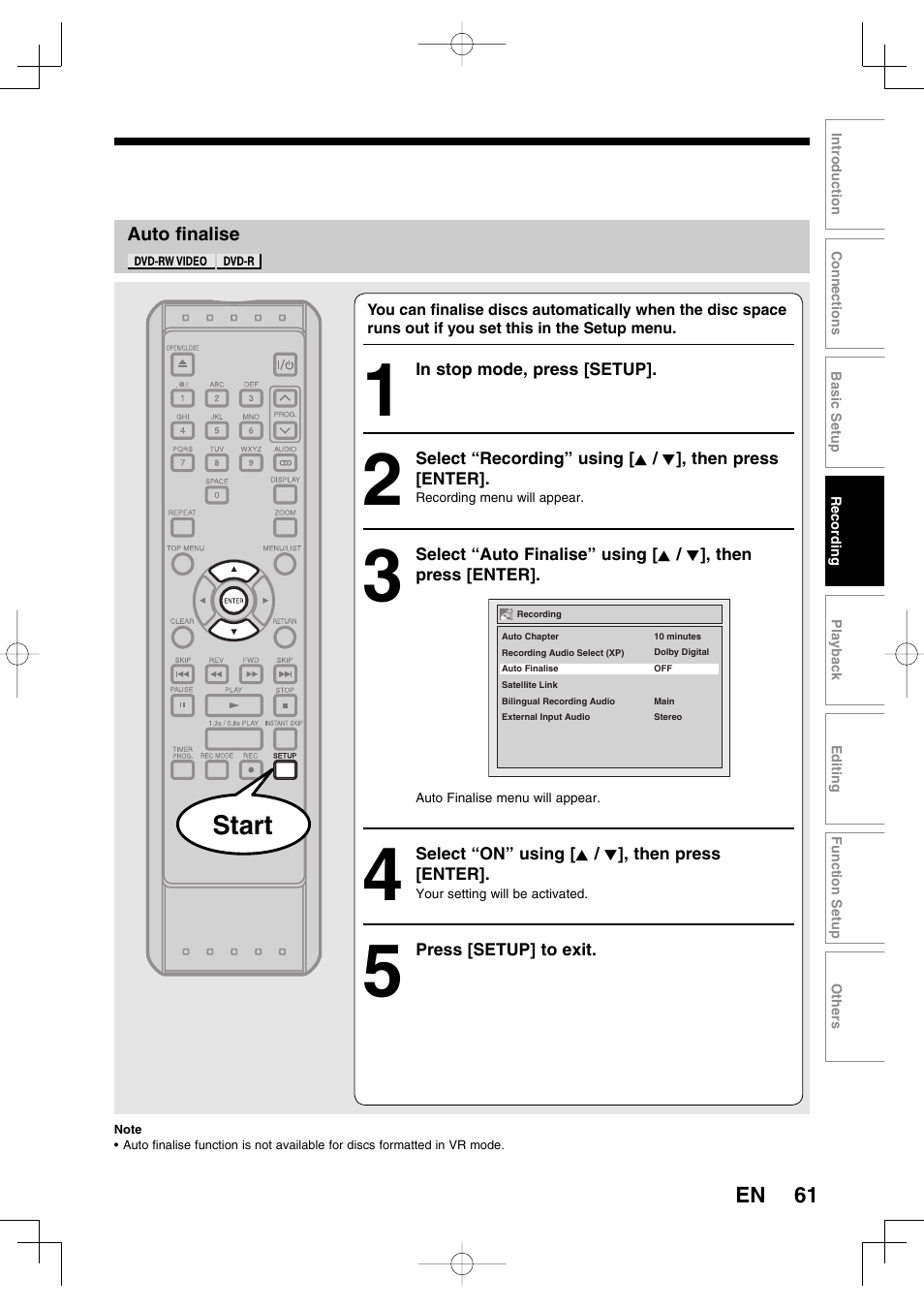 Start | Toshiba D-R160SB User Manual | Page 61 / 67