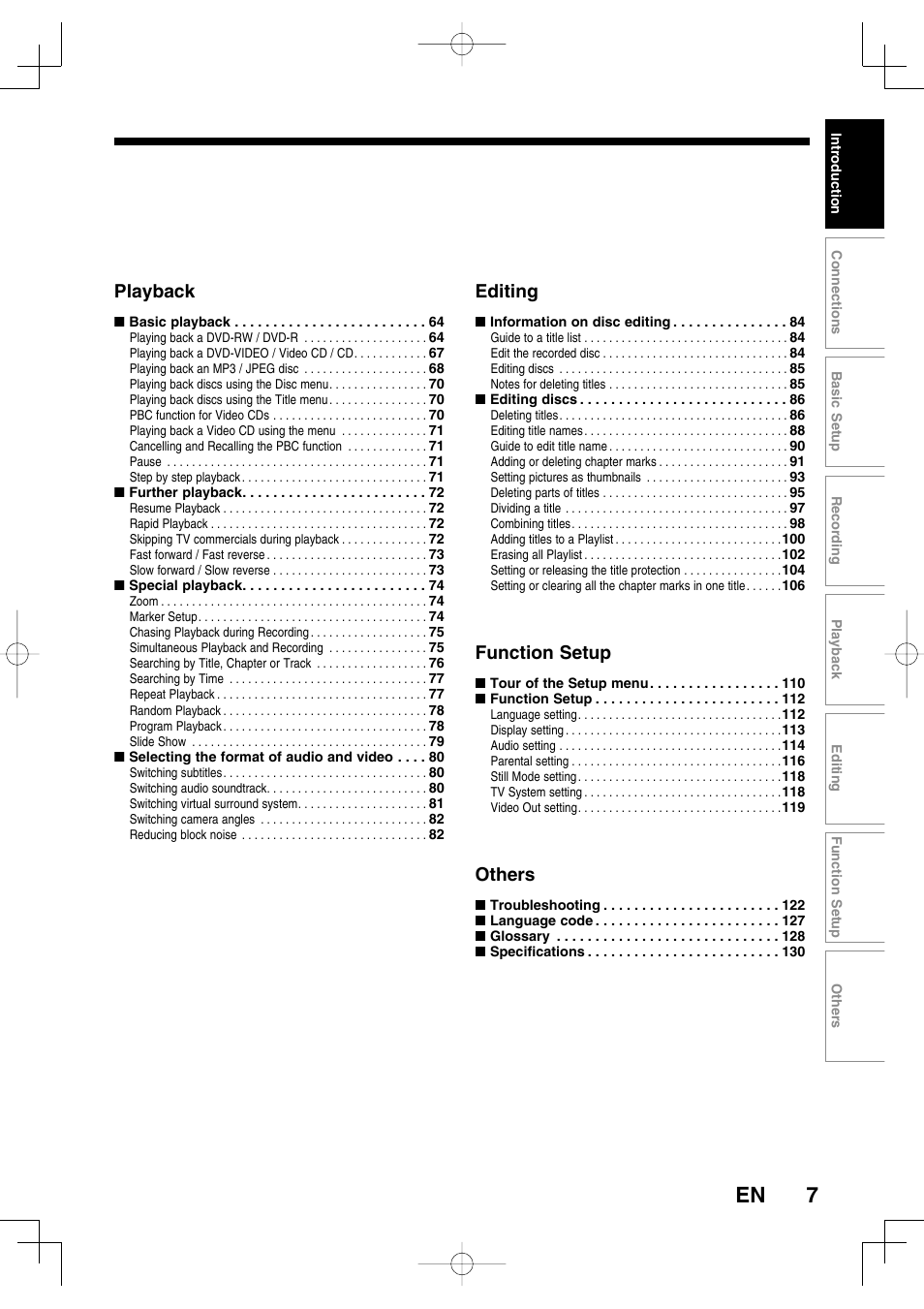 Playback, Editing, Function setup | Others | Toshiba D-R160SB User Manual | Page 7 / 67