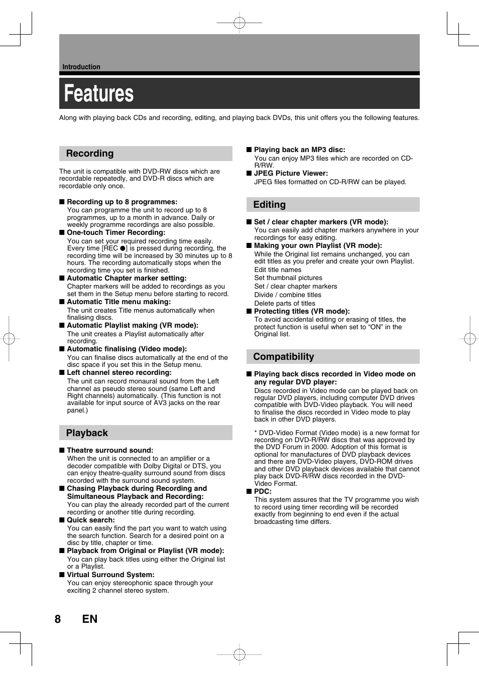 Features, Recording, Playback | Editing, Compatibility | Toshiba D-R160SB User Manual | Page 8 / 67