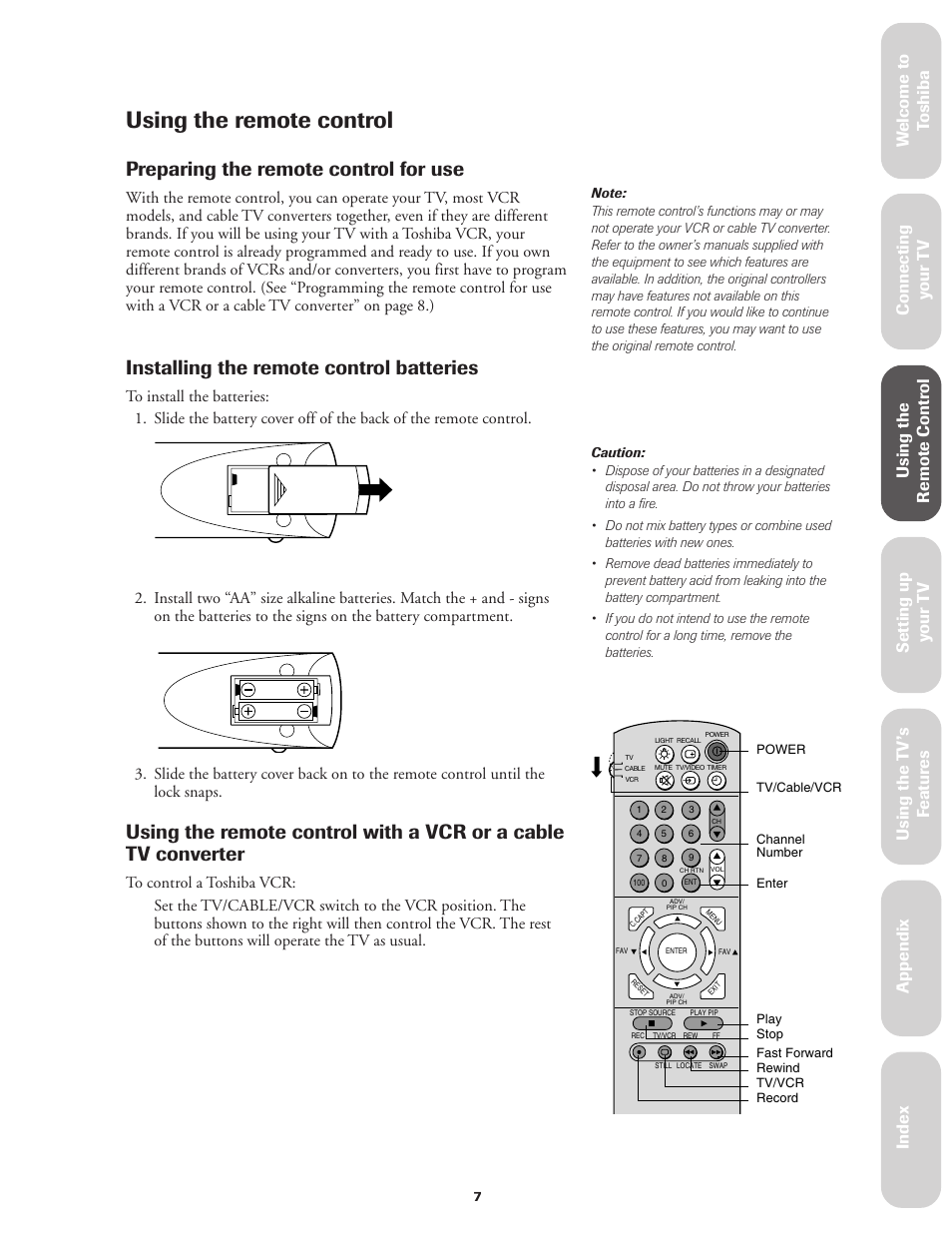 Using the remote control, Preparing for use, Using with a vcr or cable tv converter | Preparing the remote control for use, Installing the remote control batteries, Ref er ence | Toshiba CN36V51 User Manual | Page 13 / 42