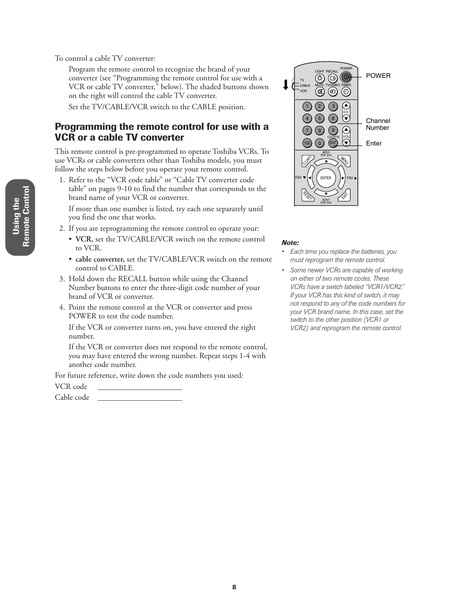 Using the remote contr ol | Toshiba CN36V51 User Manual | Page 14 / 42
