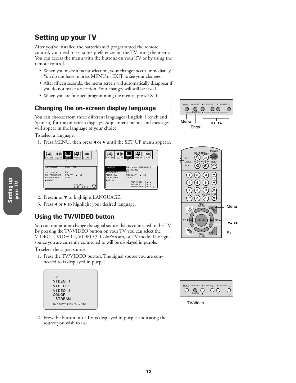 Setting up your tv, Changing on-screen display language, Using tv/video button | Changing the on-screen display language, Using the tv/video button, Setting up y our t v, Until the set up menu appears, Press | Toshiba CN36V51 User Manual | Page 18 / 42