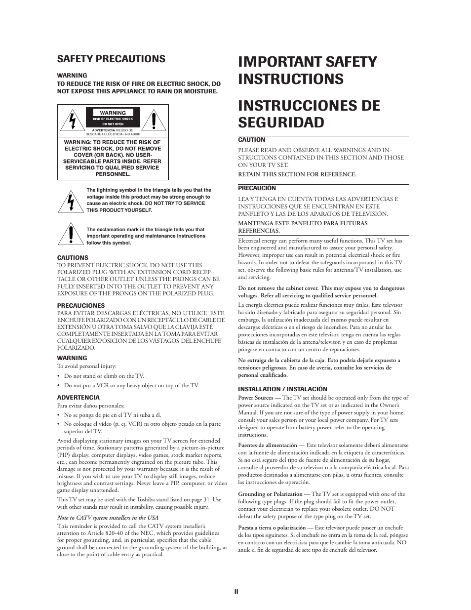 Safety precatuions, Safety precautions | Toshiba CN36V51 User Manual | Page 2 / 42