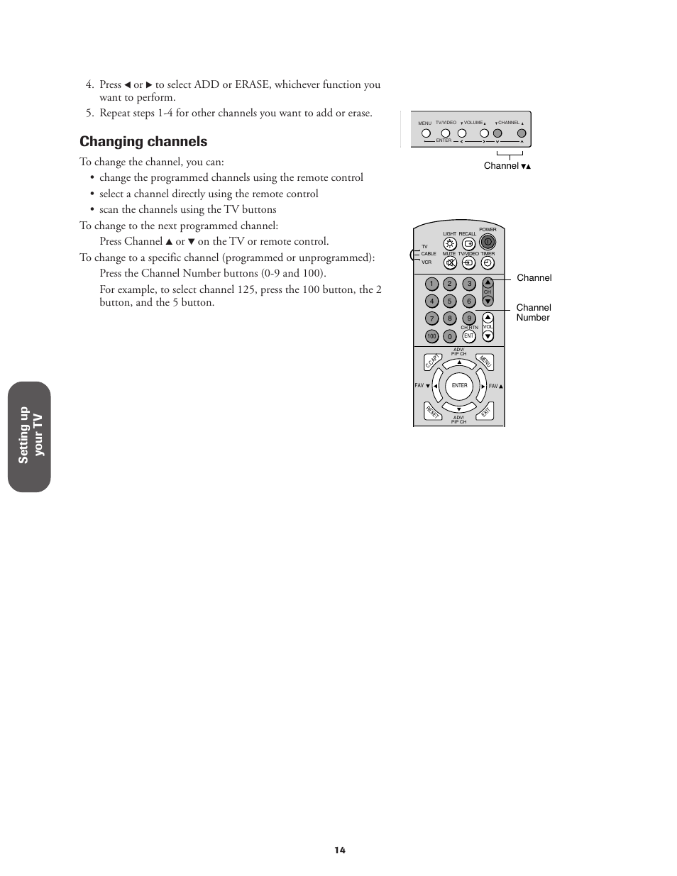 Changing channels, Setting up y our t v, Press | Toshiba CN36V51 User Manual | Page 20 / 42