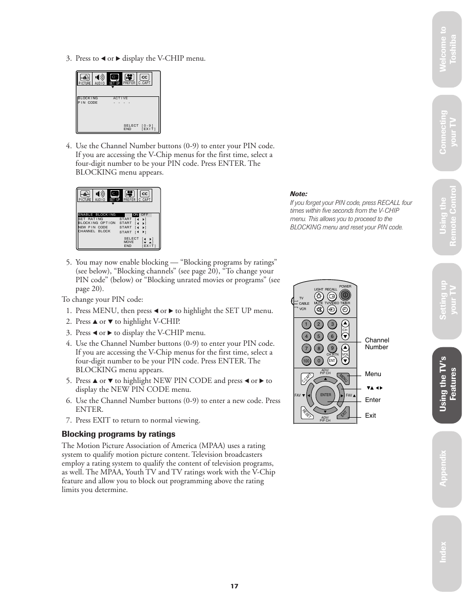 Ref er ence, Blocking programs by ratings, Press to | Display the v-chip menu | Toshiba CN36V51 User Manual | Page 23 / 42