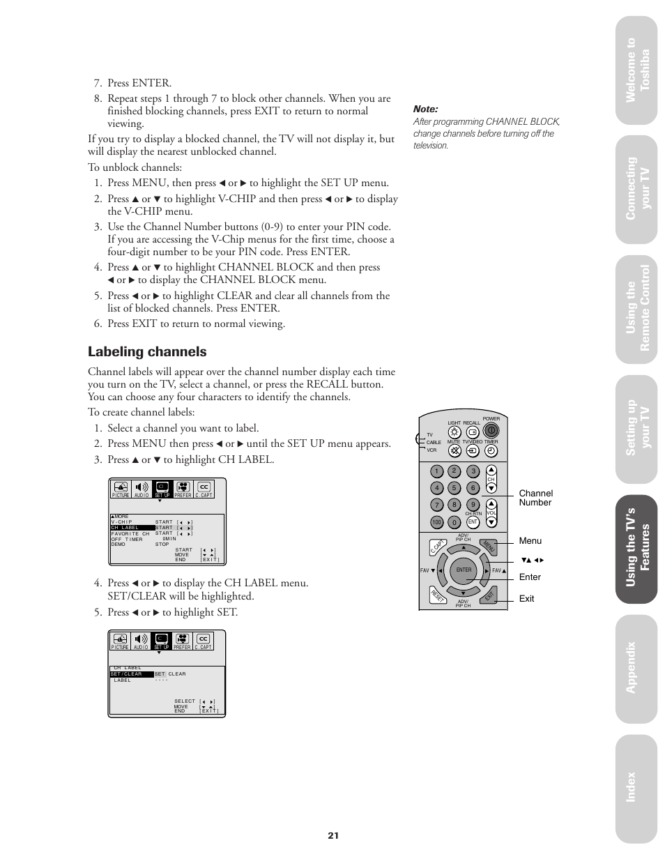 Labeling channels, Ref er ence, Until the set up menu appears. 3. press | Press | Toshiba CN36V51 User Manual | Page 27 / 42