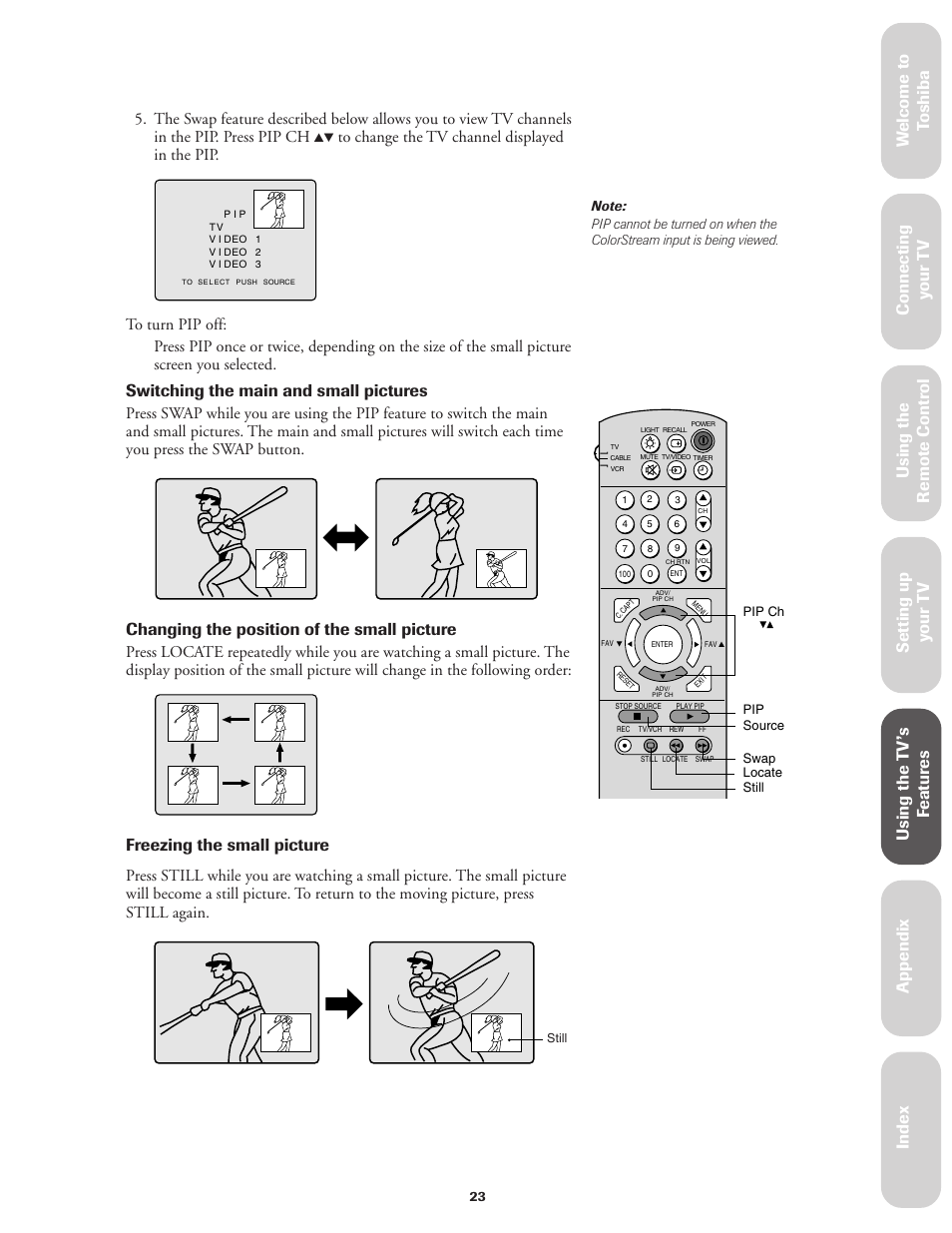 Ref er ence, Switching the main and small pictures, Changing the position of the small picture | Freezing the small picture | Toshiba CN36V51 User Manual | Page 29 / 42