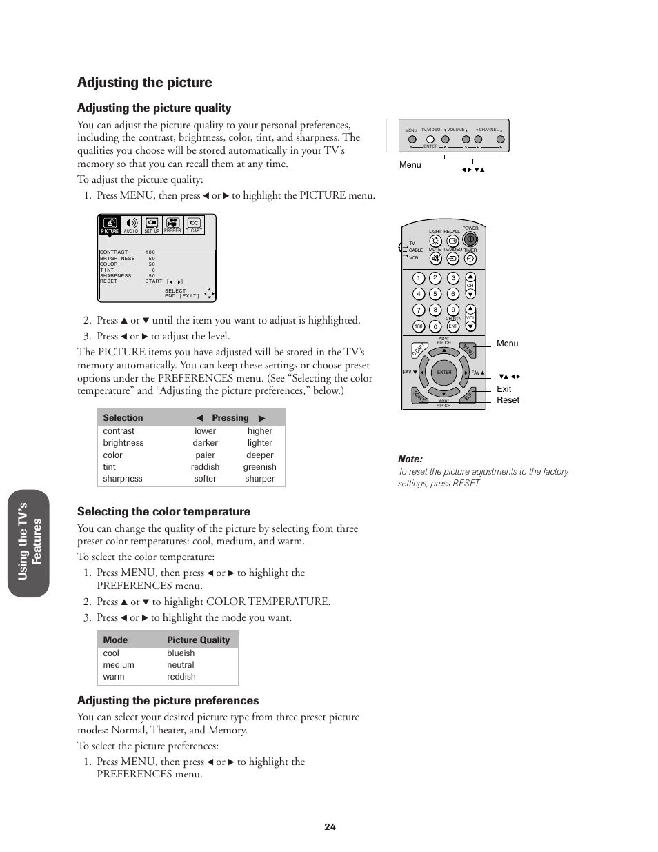 Adjusting the picture, Using the t v ’s f eatur es, Adjusting the picture quality | Selecting the color temperature, Adjusting the picture preferences, Press | Toshiba CN36V51 User Manual | Page 30 / 42