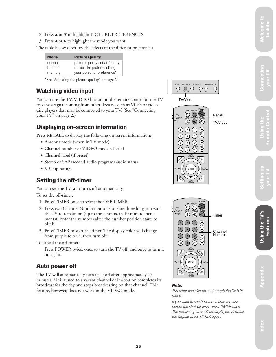 Watching video input & setting the off-timer, Watching video input, Displaying on-screen information | Setting the off-timer, Auto power off, Ref er ence, Press | Toshiba CN36V51 User Manual | Page 31 / 42