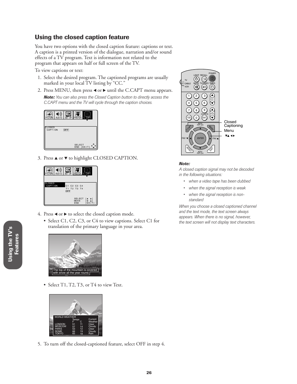 Closed caption, Using the closed caption feature, Using the t v ’s f eatur es | Until the c.capt menu appears, Press, Select t1, t2, t3, or t4 to view text | Toshiba CN36V51 User Manual | Page 32 / 42