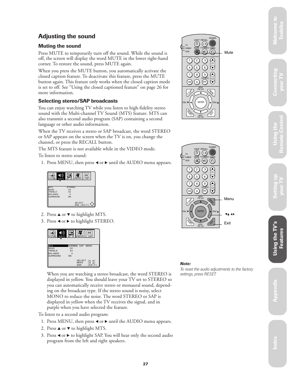 Adjusting the sound, Ref er ence, Muting the sound | Selecting stereo/sap broadcasts, Until the audio menu appears, Press, Until the audio menu appears. 2. press | Toshiba CN36V51 User Manual | Page 33 / 42