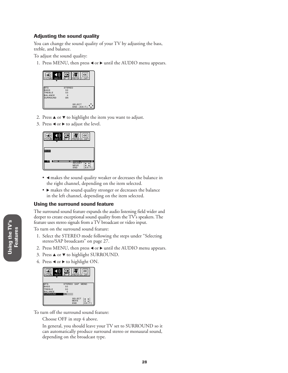 Using the surround sound feature, Until the audio menu appears, Press | Until the audio menu appears. 3. press | Toshiba CN36V51 User Manual | Page 34 / 42