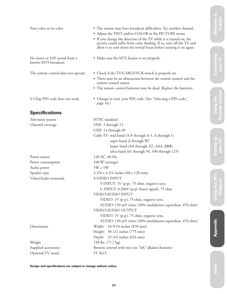 Specifications | Toshiba CN36V51 User Manual | Page 37 / 42