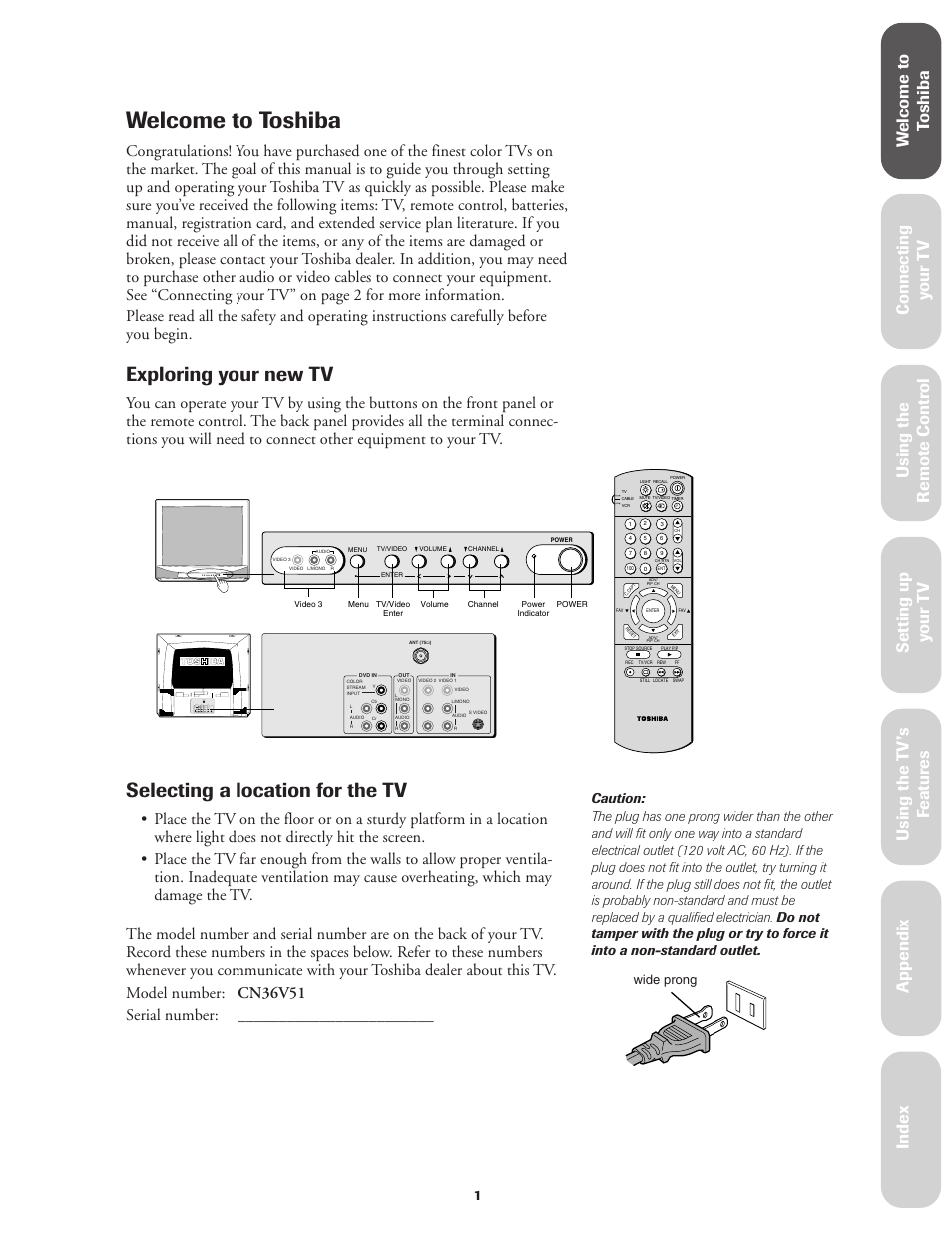 Welcome to toshiba, Exploring your new tv, Selecting a location for the tv | Ref er ence, Wide prong | Toshiba CN36V51 User Manual | Page 7 / 42