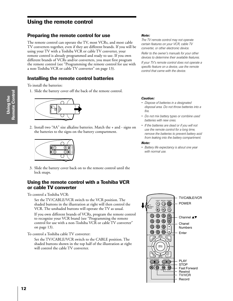 Using the remote control, Preparing for use, Using with a cable tv converter | Preparing the remote control for use, Installing the remote control batteries | Toshiba TheaterView 43H71 User Manual | Page 12 / 52