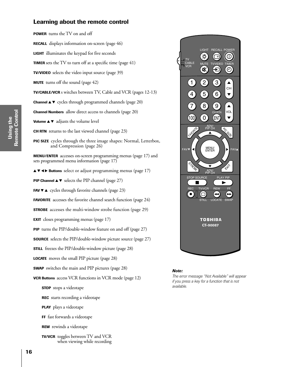 Learning about remote control, Learning about the remote control | Toshiba TheaterView 43H71 User Manual | Page 16 / 52