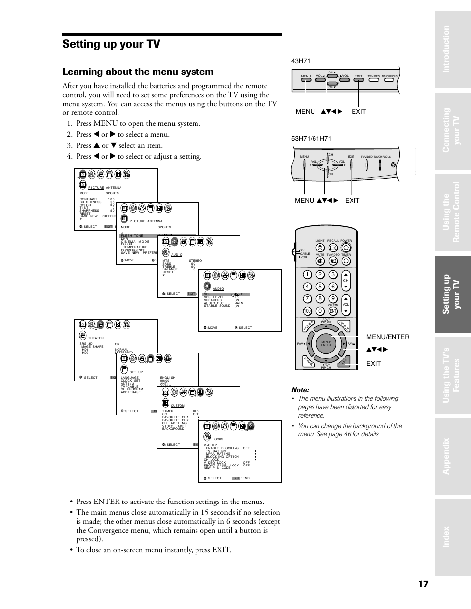 Setting up your tv, Learning about the menu system, Menu yzx • exit yzx • exit menu/enter | Toshiba TheaterView 43H71 User Manual | Page 17 / 52