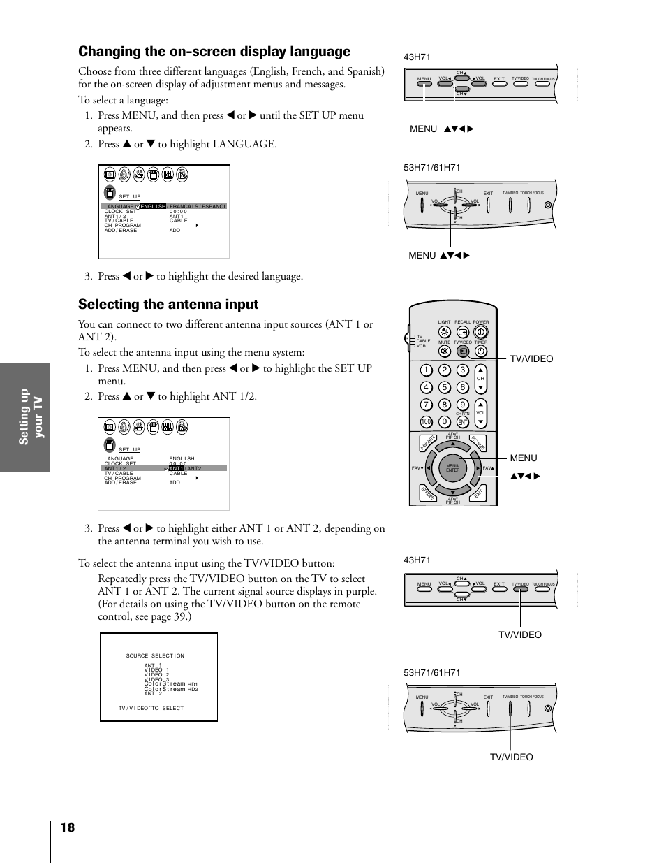 Changing on-screen display language, Changing the on-screen display language, Selecting the antenna input | Press x or • to highlight the desired language, Menu yzx • tv/video tv/video, Menu yzx | Toshiba TheaterView 43H71 User Manual | Page 18 / 52