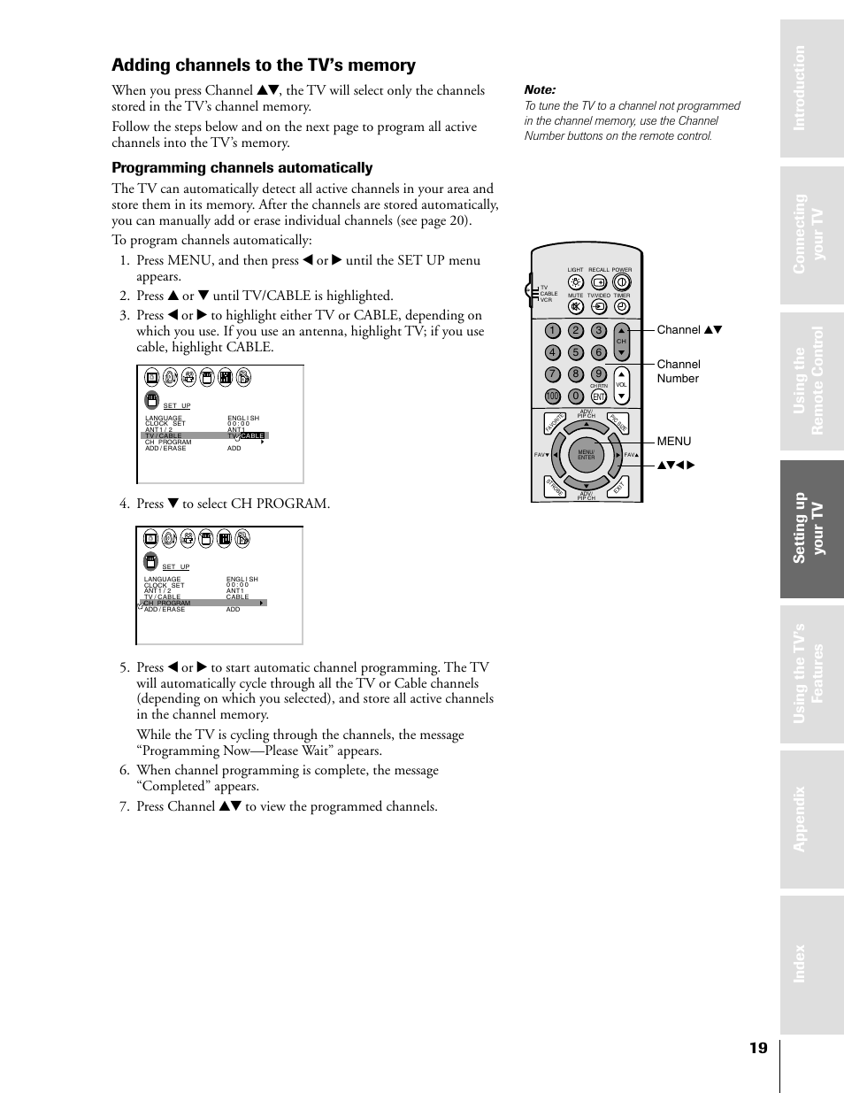 Adding channels to tv's memory, Programming channels automatically, Press z to select ch program | Toshiba TheaterView 43H71 User Manual | Page 19 / 52