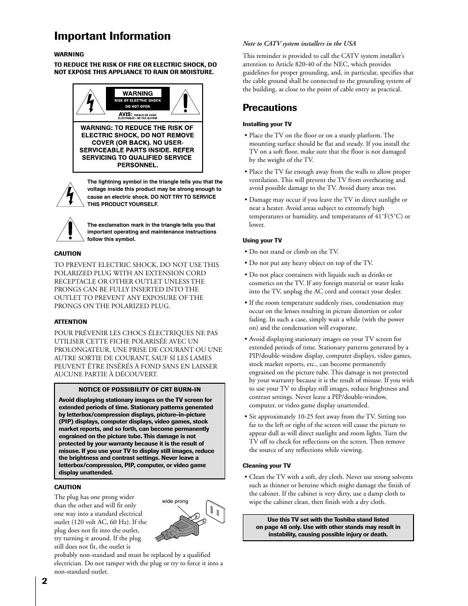 Important information, Precautions | Toshiba TheaterView 43H71 User Manual | Page 2 / 52