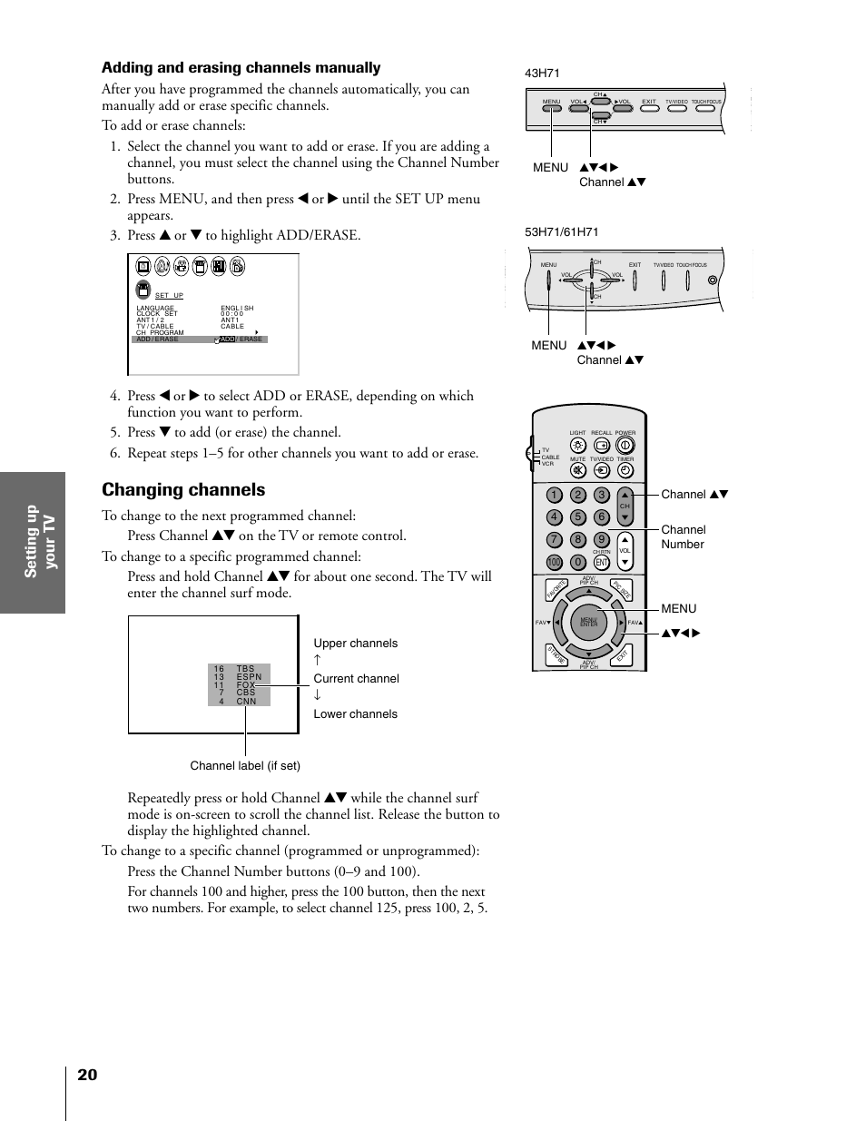 Changing channels, Adding and erasing channels manually | Toshiba TheaterView 43H71 User Manual | Page 20 / 52