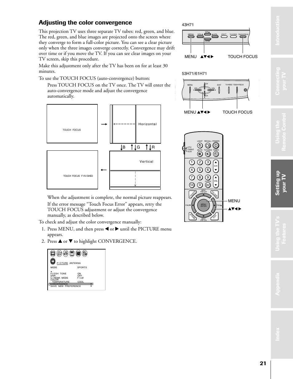 Adjusting color convergence, Adjusting the color convergence | Toshiba TheaterView 43H71 User Manual | Page 21 / 52