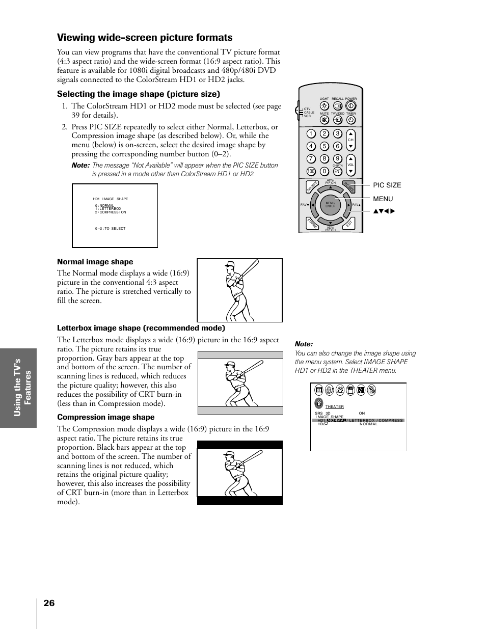 Viewing wide-screen picture formats, Selecting the image shape (picture size), Normal image shape | Letterbox image shape (recommended mode), Compression image shape | Toshiba TheaterView 43H71 User Manual | Page 26 / 52