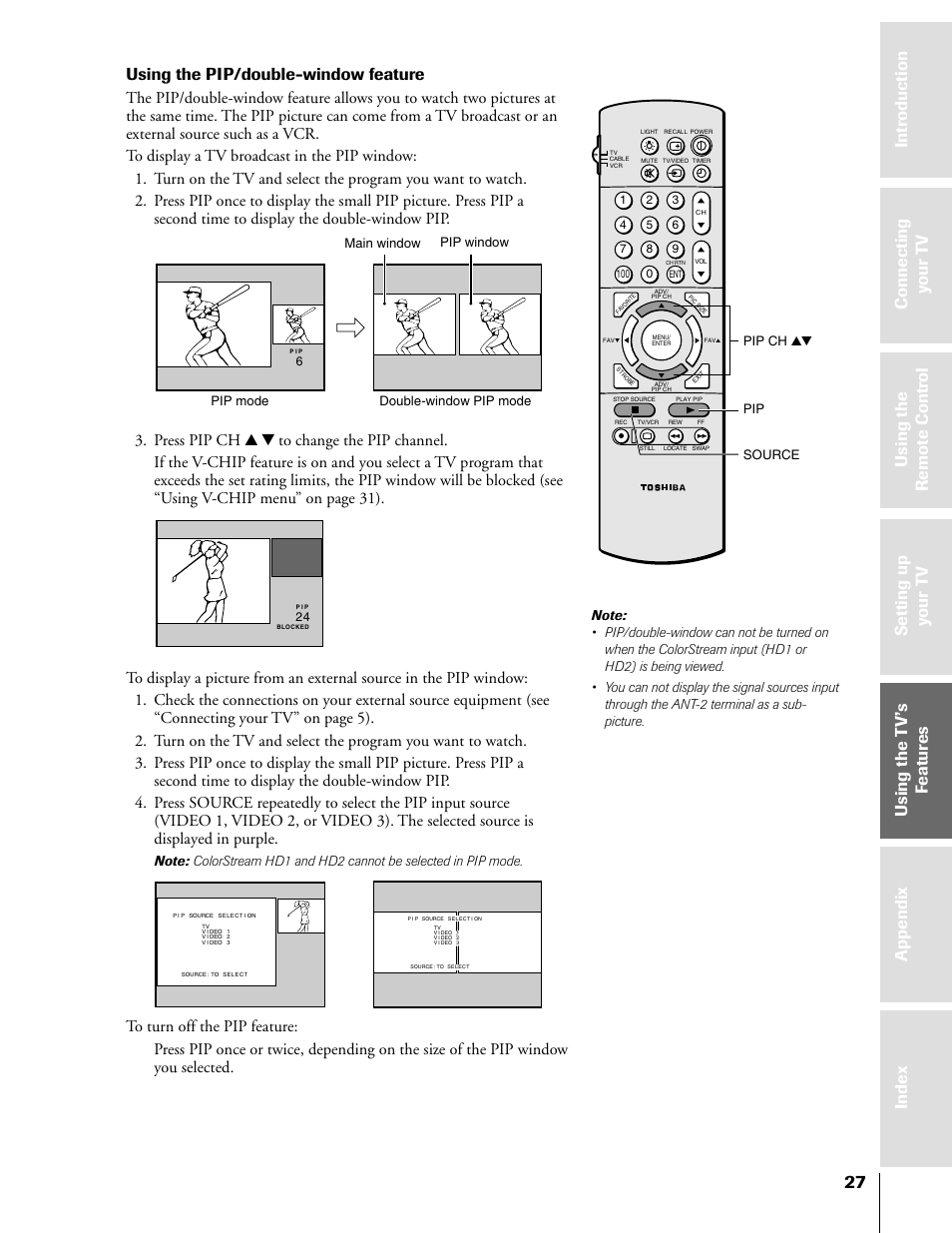 Using the pip/double-window feature | Toshiba TheaterView 43H71 User Manual | Page 27 / 52