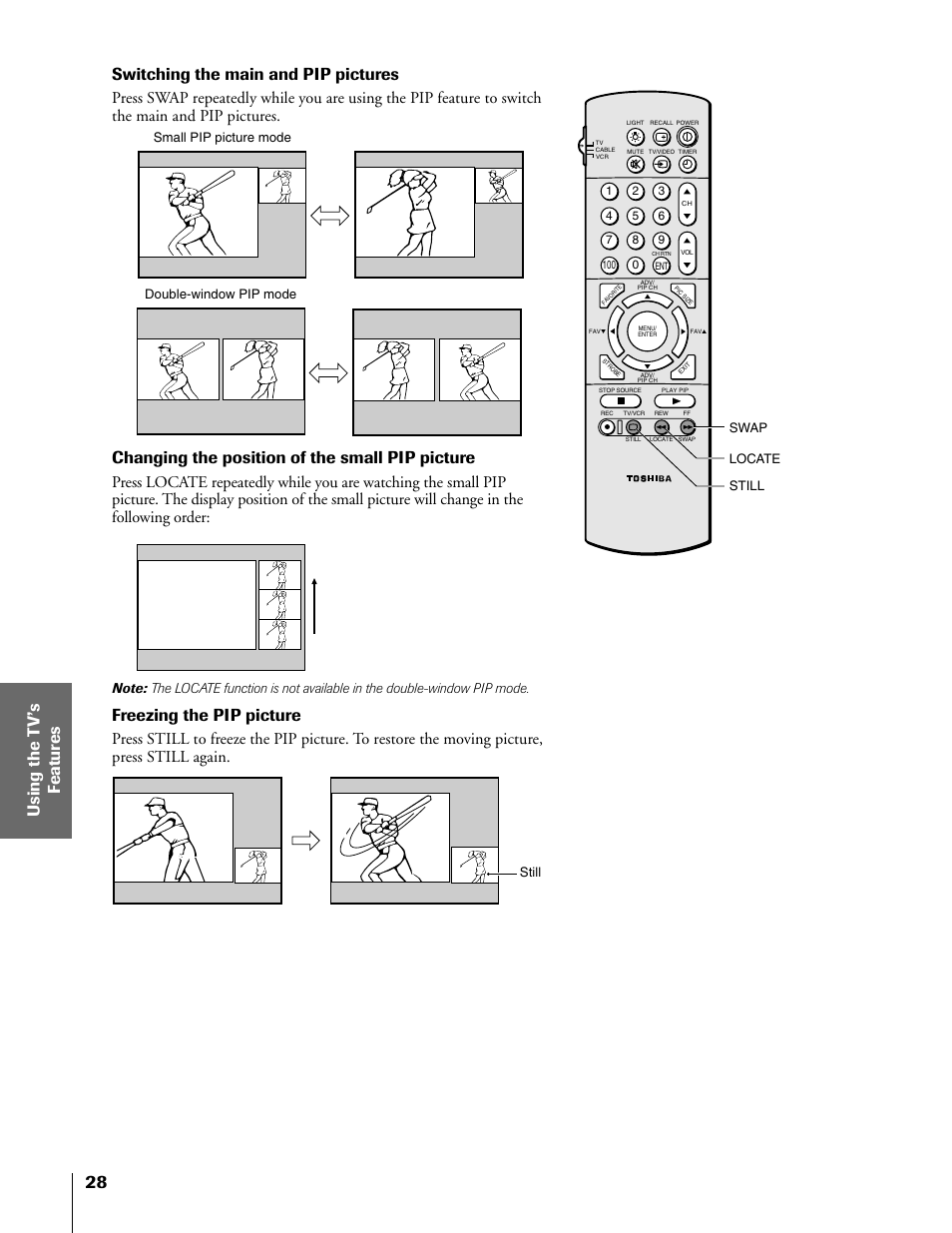 Switching the main and pip pictures, Changing the position of the small pip picture, Freezing the pip picture | Toshiba TheaterView 43H71 User Manual | Page 28 / 52