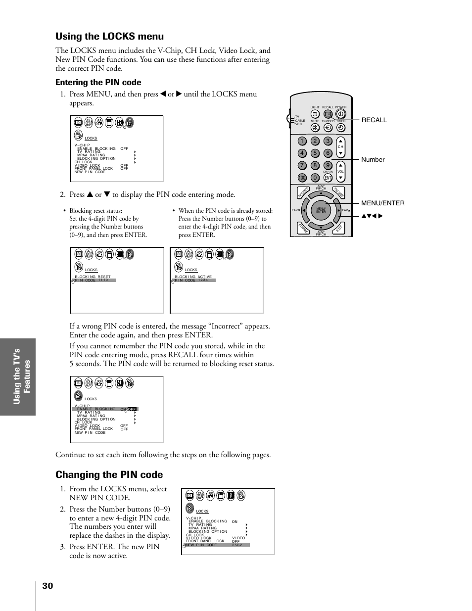 Using the locks menu / changing pin code, Using the locks menu, Changing the pin code | Entering the pin code, Press y or z to display the pin code entering mode | Toshiba TheaterView 43H71 User Manual | Page 30 / 52