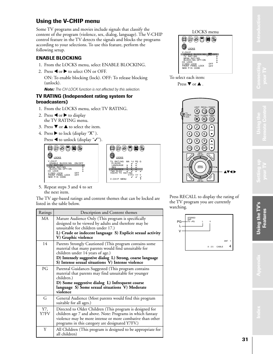 V-chip menu, Using the v-chip menu, Enable blocking | Locks menu | Toshiba TheaterView 43H71 User Manual | Page 31 / 52