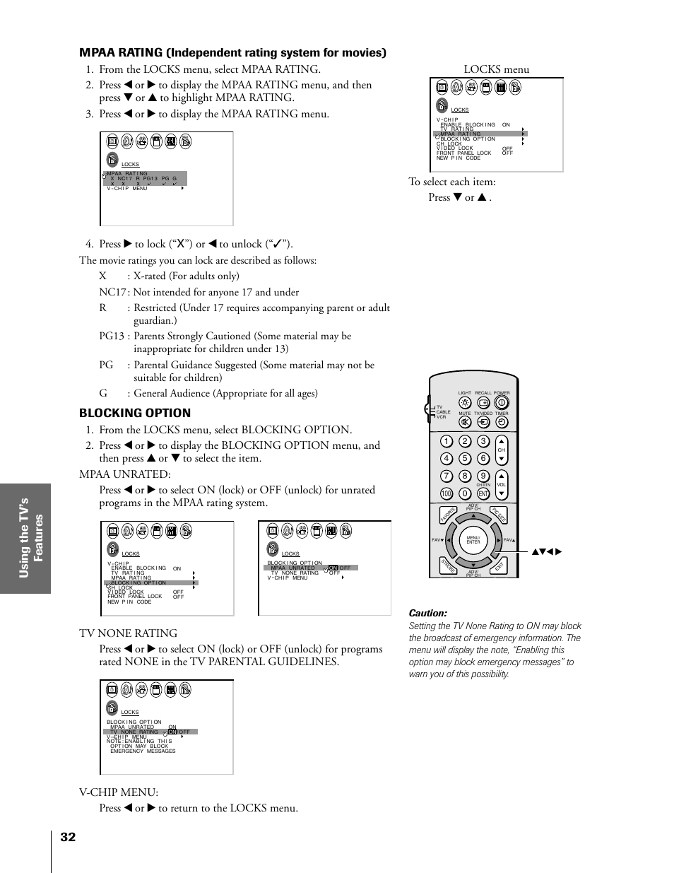 Mpaa rating (independent rating system for movies), Blocking option, Press • to lock (“x”) or x to unlock (“✓”) | Toshiba TheaterView 43H71 User Manual | Page 32 / 52