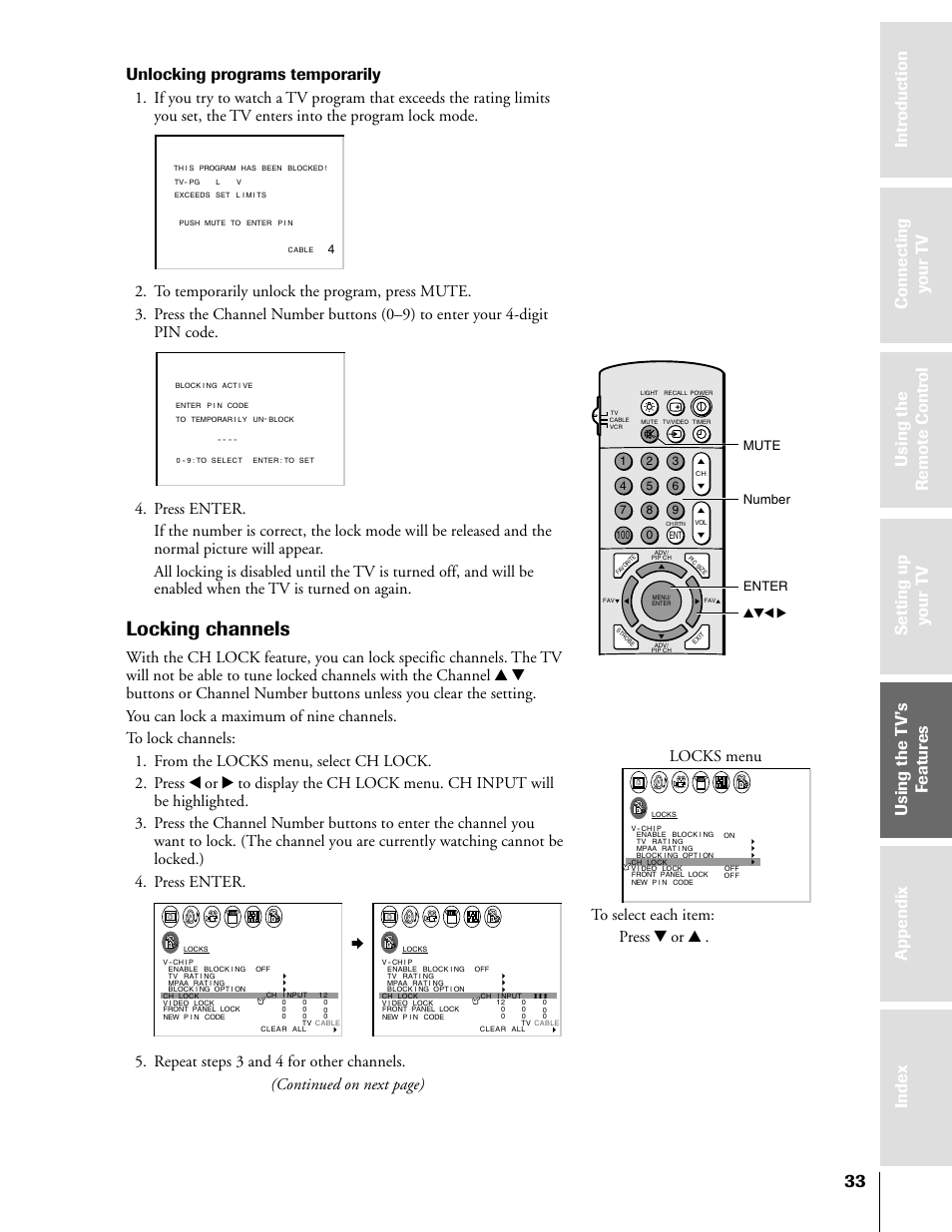 Locking channels, Unlocking programs temporarily, Locks menu | Enter yzx • mute number | Toshiba TheaterView 43H71 User Manual | Page 33 / 52