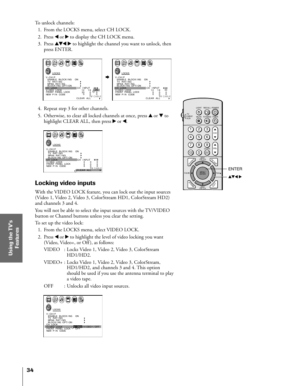 Locking video inputs, Enter yzx | Toshiba TheaterView 43H71 User Manual | Page 34 / 52