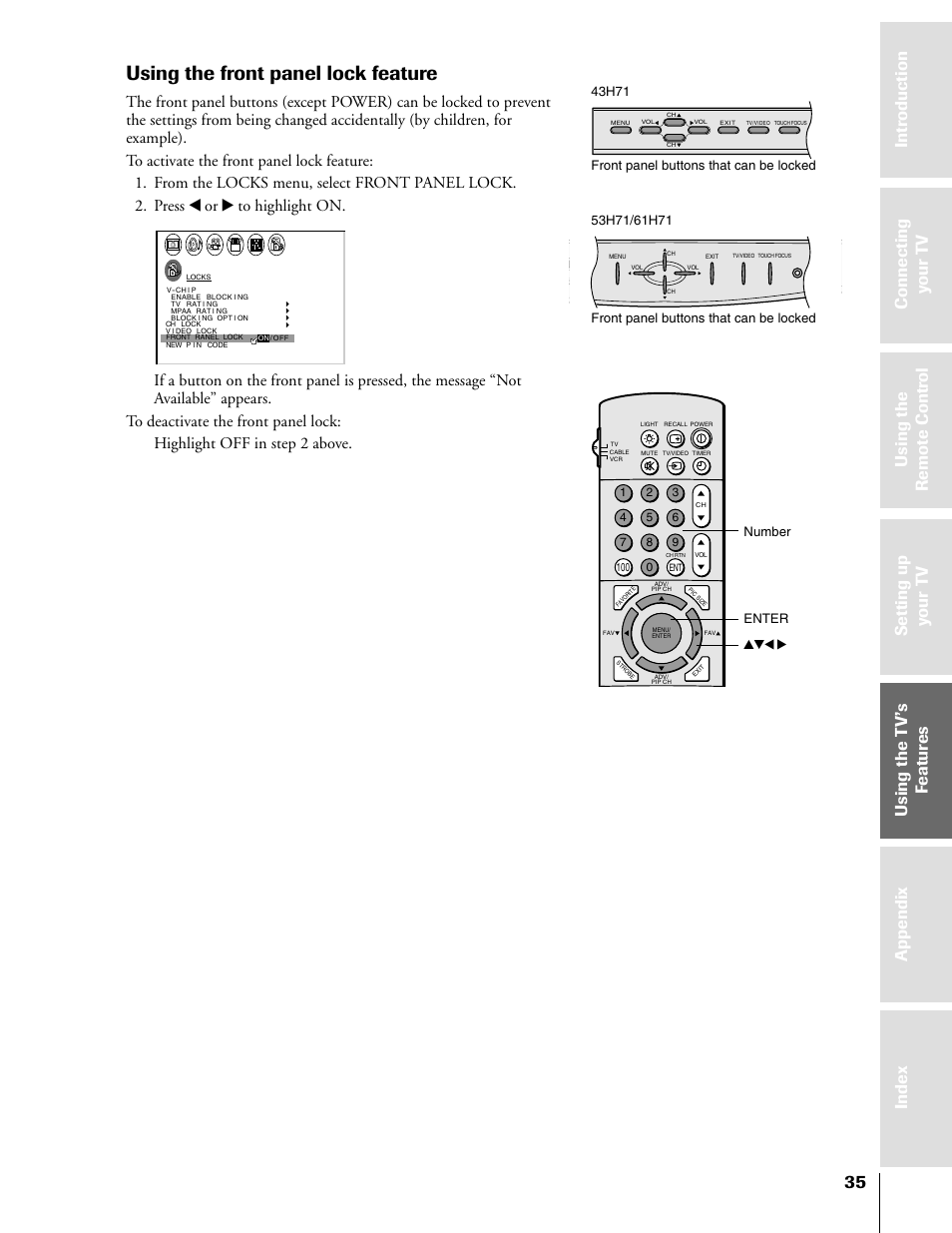 Using the front panel lock feature | Toshiba TheaterView 43H71 User Manual | Page 35 / 52