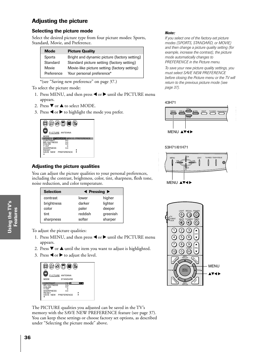 Adjusting the picture, Selecting the picture mode, Adjusting the picture qualities | Toshiba TheaterView 43H71 User Manual | Page 36 / 52