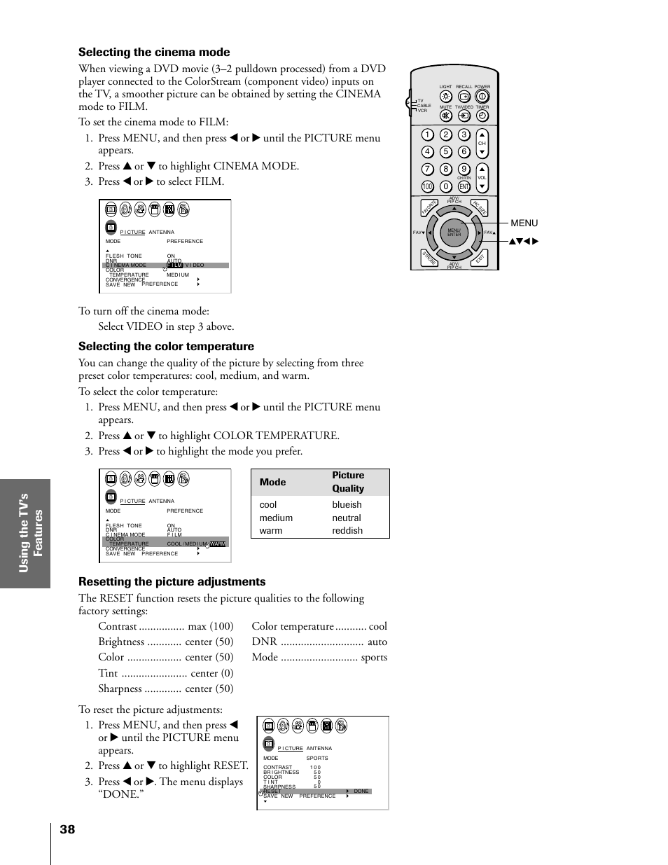 Selecting the cinema mode, Selecting the color temperature, Resetting the picture adjustments | Toshiba TheaterView 43H71 User Manual | Page 38 / 52