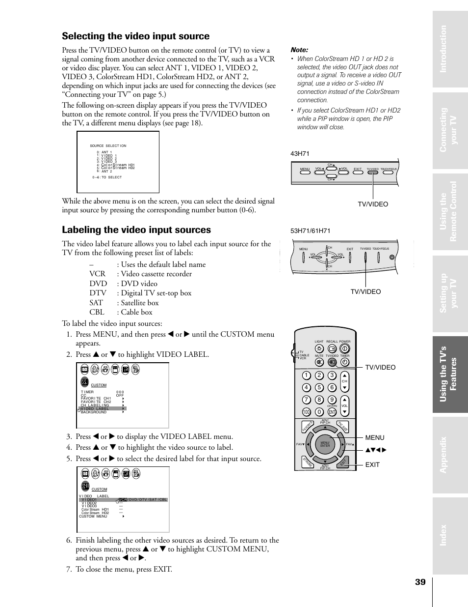 Selecting / labeling video input sources, Selecting the video input source, Labeling the video input sources | Toshiba TheaterView 43H71 User Manual | Page 39 / 52