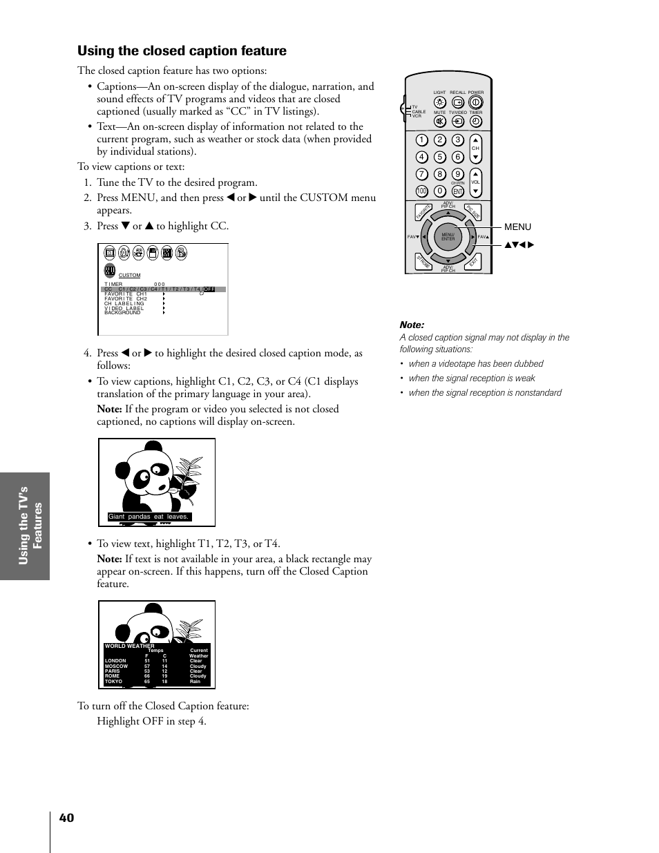 Closed caption, Using the closed caption feature | Toshiba TheaterView 43H71 User Manual | Page 40 / 52