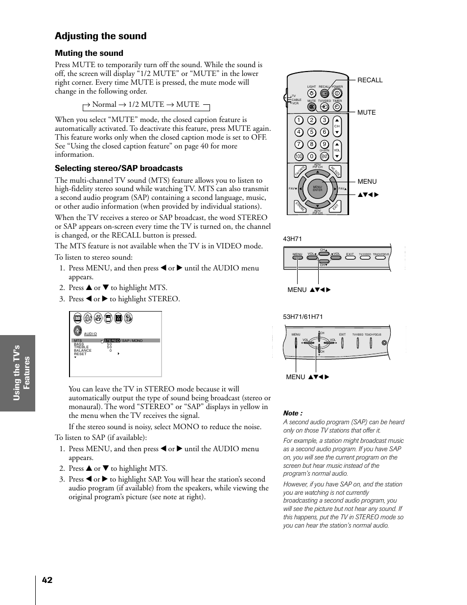 Adjusting the sound, Muting the sound, Selecting stereo/sap broadcasts | Toshiba TheaterView 43H71 User Manual | Page 42 / 52