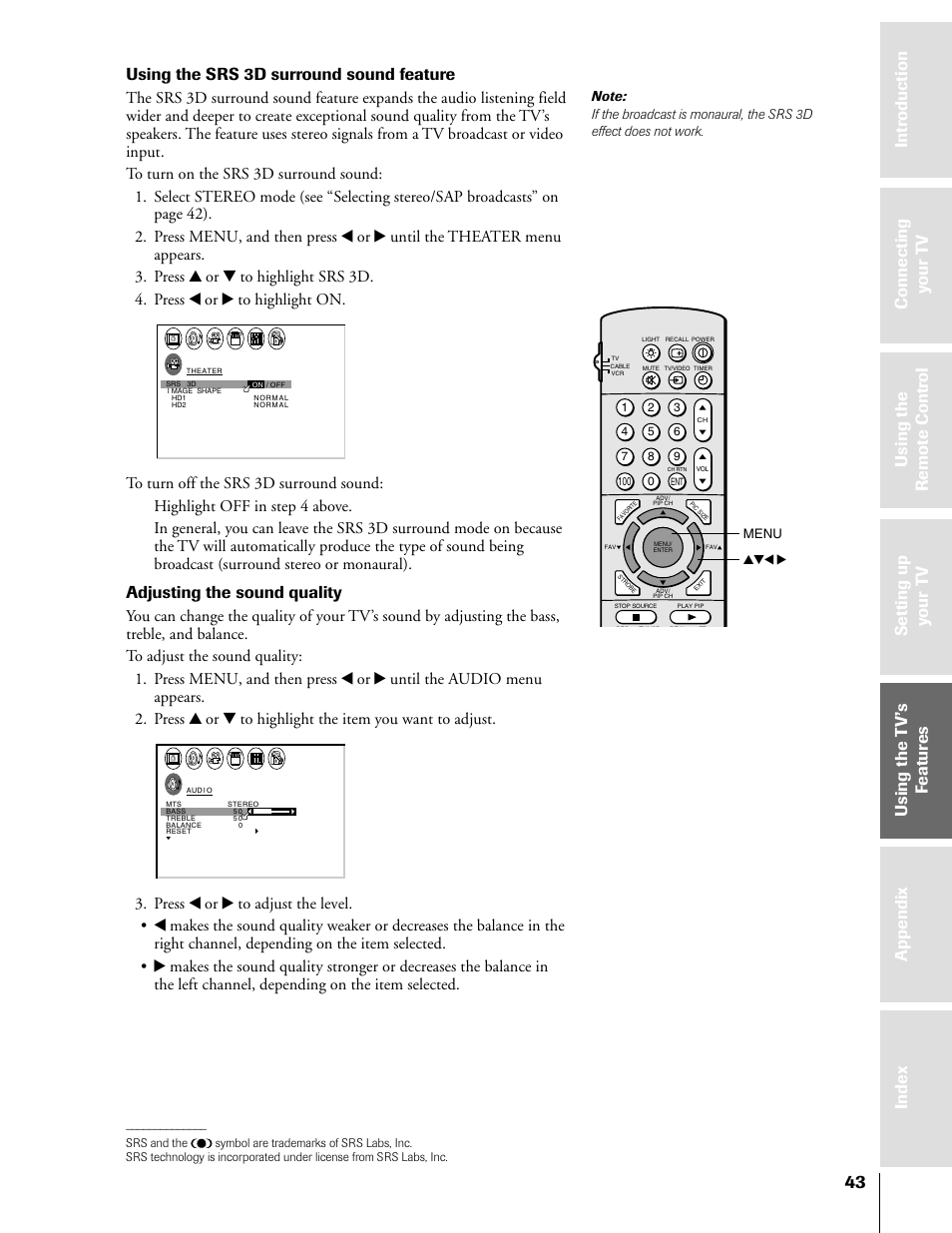 Using the srs 3d surround sound feature, Adjusting the sound quality | Toshiba TheaterView 43H71 User Manual | Page 43 / 52